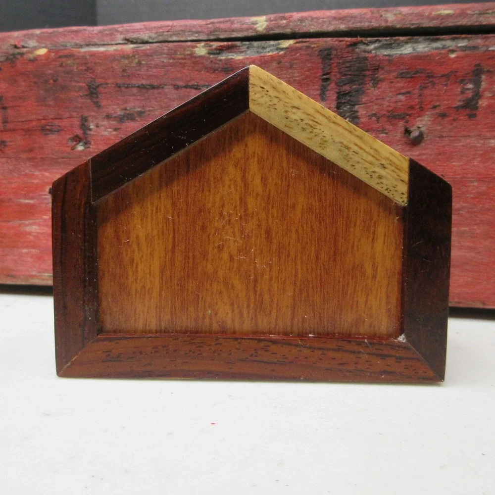 Vintage Geometric Wood Trinket Box Dark Light Brown Octagon Shape Felt Lined